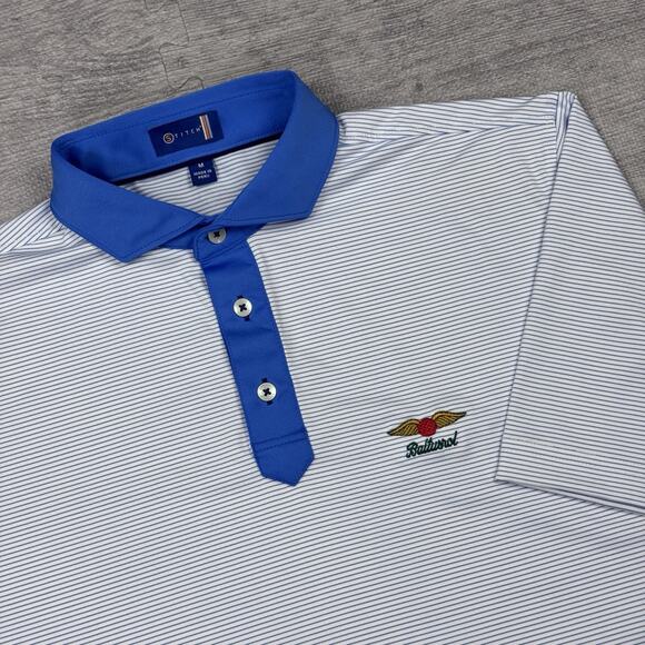 Stitch Golf Polo Shirt Mens M Blue Striped Baltusrol Logo Performance Preppy EUC - Picture 1 of 13